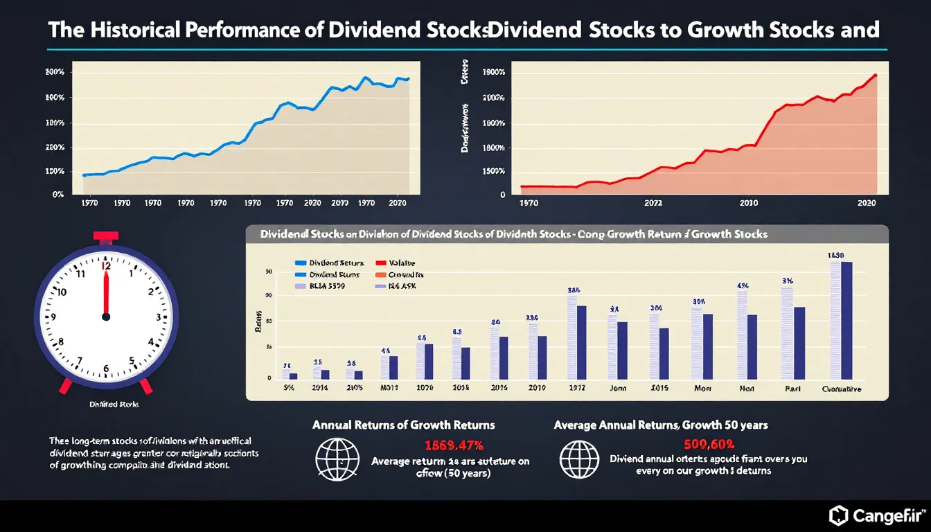 A chart illustrating the historical performance of dividend stocks compared to growth stocks, highlighting why dividends beat growth stocks over the long run with data to prove it.
