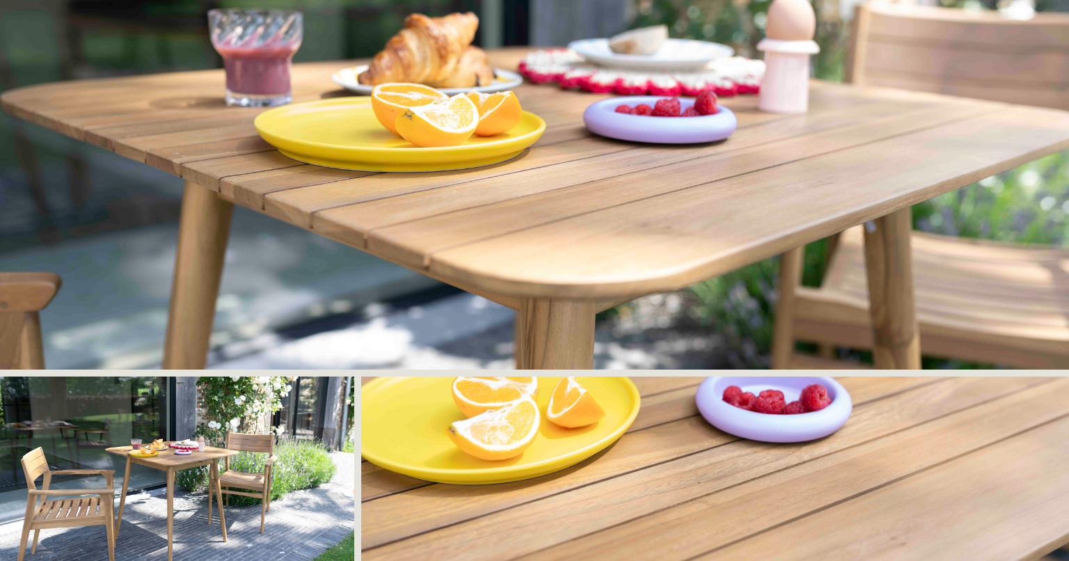Table de jardin NAPLES en teck massif, au design épuré, idéale pour aménager un espace repas chaleureux sur une terrasse ou dans un jardin.