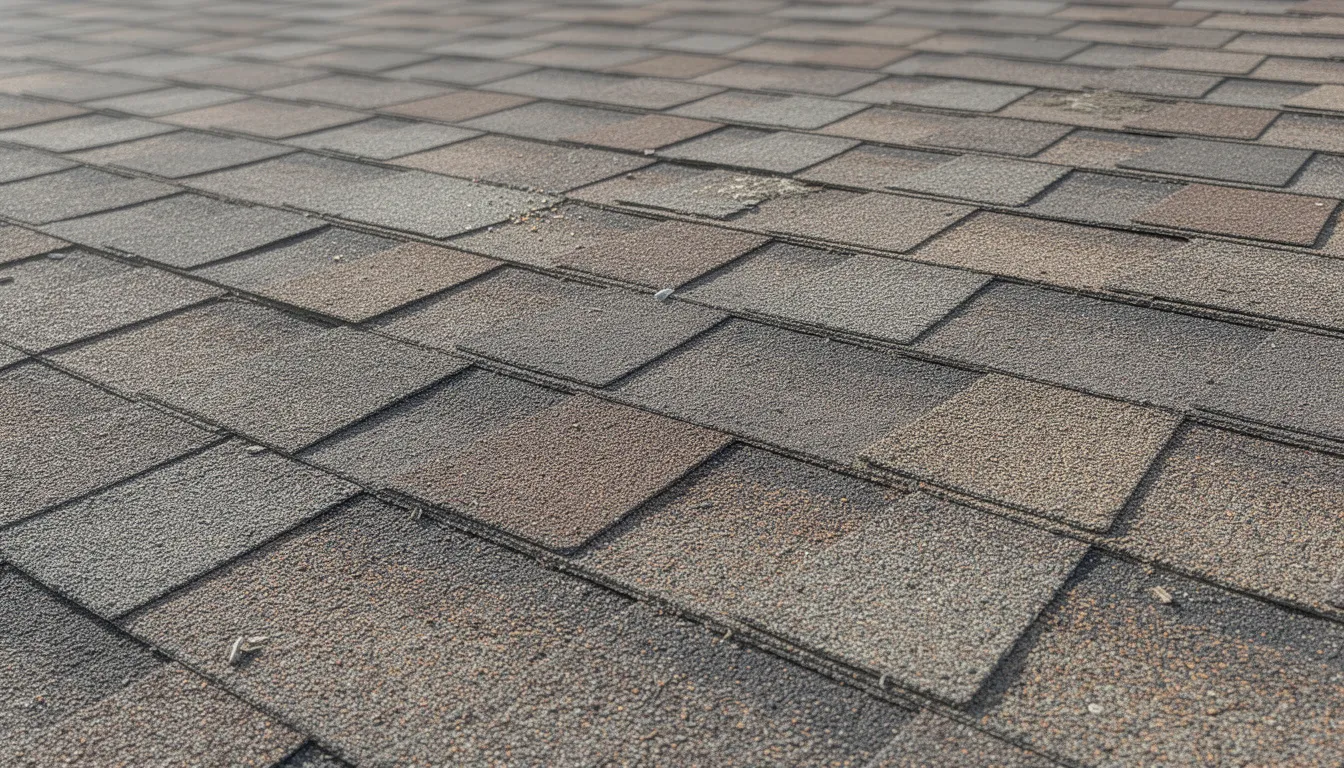 The image shows a close-up view of a residential asphalt shingle roof, highlighting the texture and signs of weathering, with some missing or damaged shingles that may indicate potential roof repairs are needed. The roof's condition suggests possible issues like a leaky roof or storm damage, emphasizing the importance of regular roof inspections and maintenance to protect the home.
