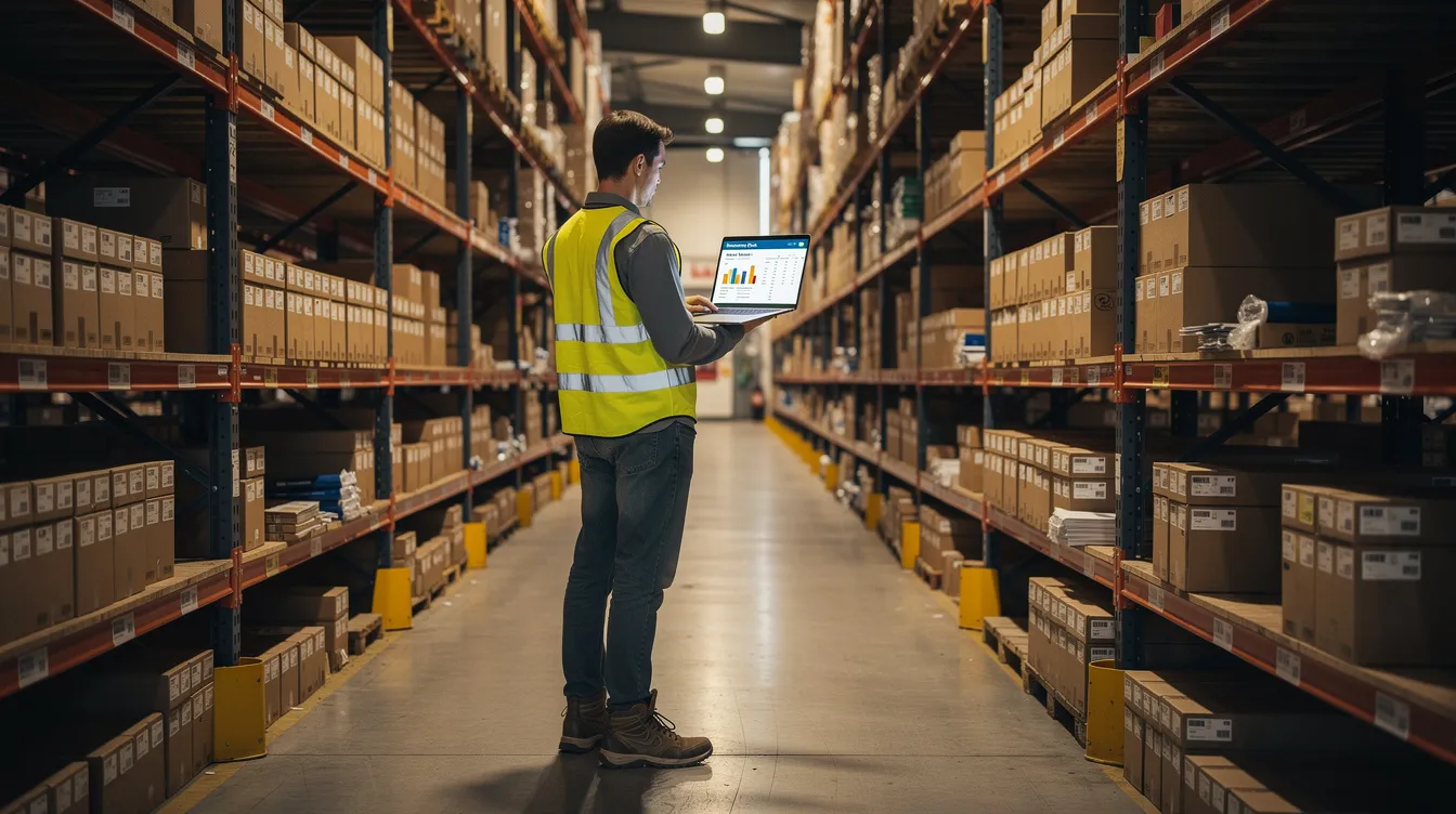 A person is seated at a table in a warehouse, reviewing product shelves on their laptop, which displays structured data related to inventory. The scene highlights the importance of accurate data extraction for business operations and efficient management of unstructured data within a data warehouse.
