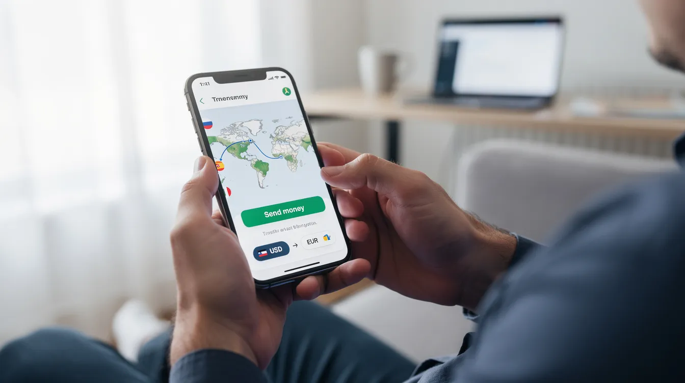 An individual is seen using a smartphone app to transfer funds internationally, showcasing the ease of sending money through a digital account. This process is particularly beneficial for non-resident Pakistanis, enabling them to manage their finances and send money abroad efficiently.