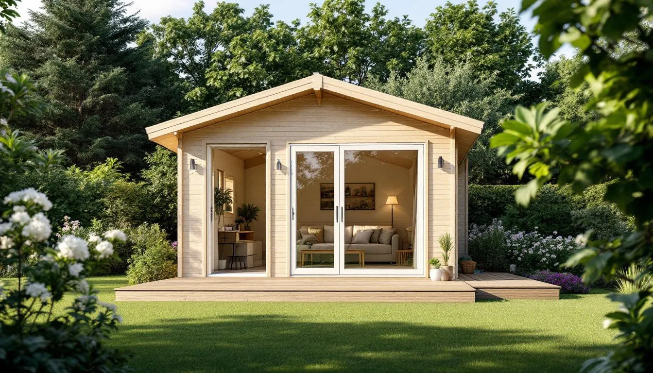 The image depicts an insulated summerhouse, designed as a versatile garden room with double glazed windows, providing year-round comfort and energy efficiency. This insulated building features durable walls and a stylish roof, making it an ideal retreat for family gatherings or home offices while protecting sensitive items from extreme weather conditions.