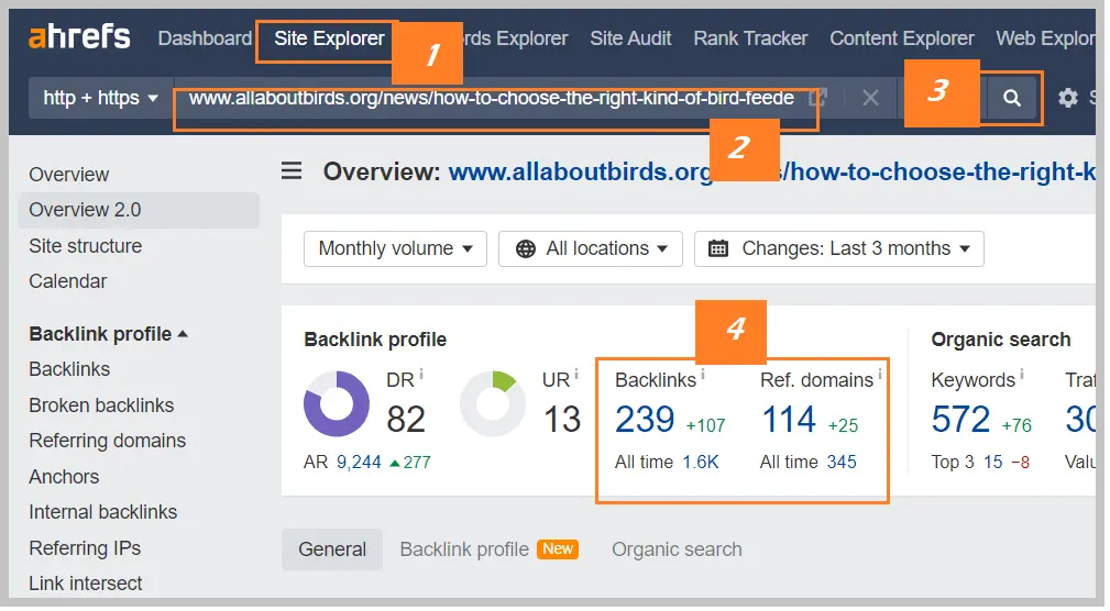 Screenshot of ahrefs showing # of backlinks and referring domains for a web page