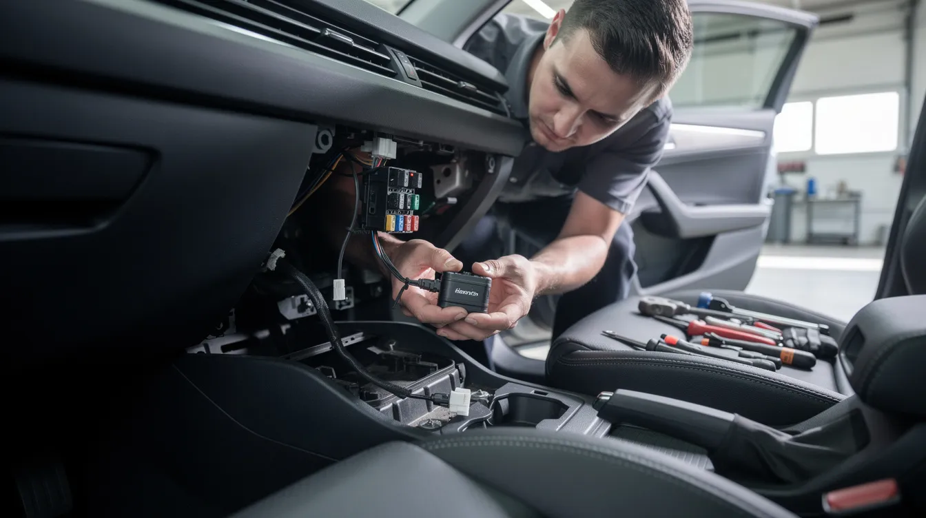 GPS Tracker Installation for Fleet Vehicles: A technician is seen installing a GPS tracker under the dashboard of a vehicle, ensuring the device is securely connected to the vehicle's electrical system for accurate tracking.