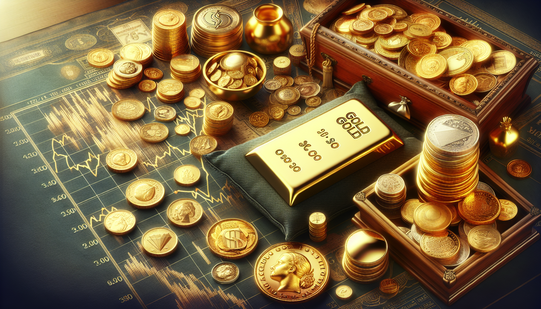 Illustration of various types of gold investments including bullion, coins, and ETFs