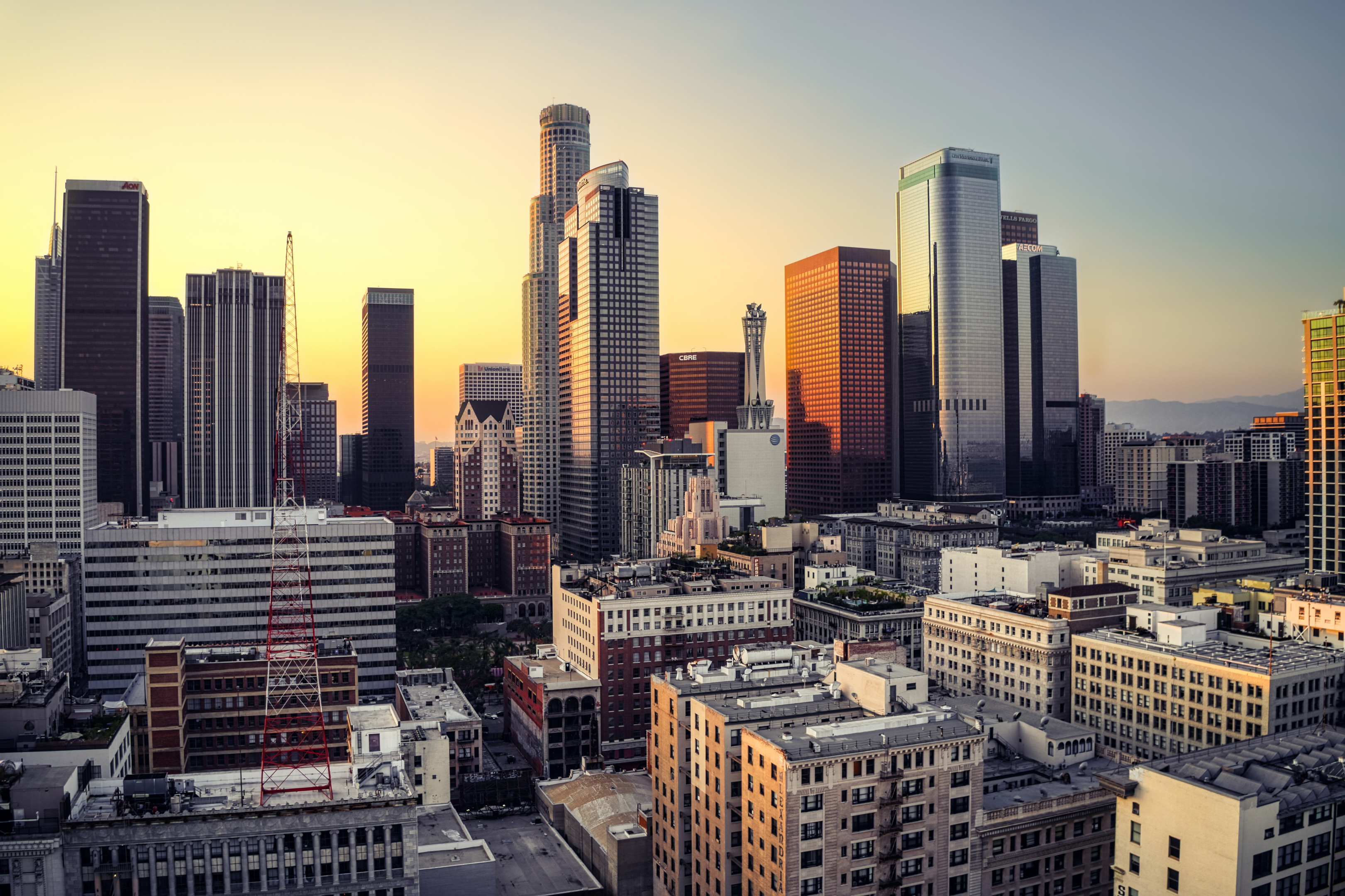 View of DTLA at sunset in Los Angeles, CA. Photo by Venti Views