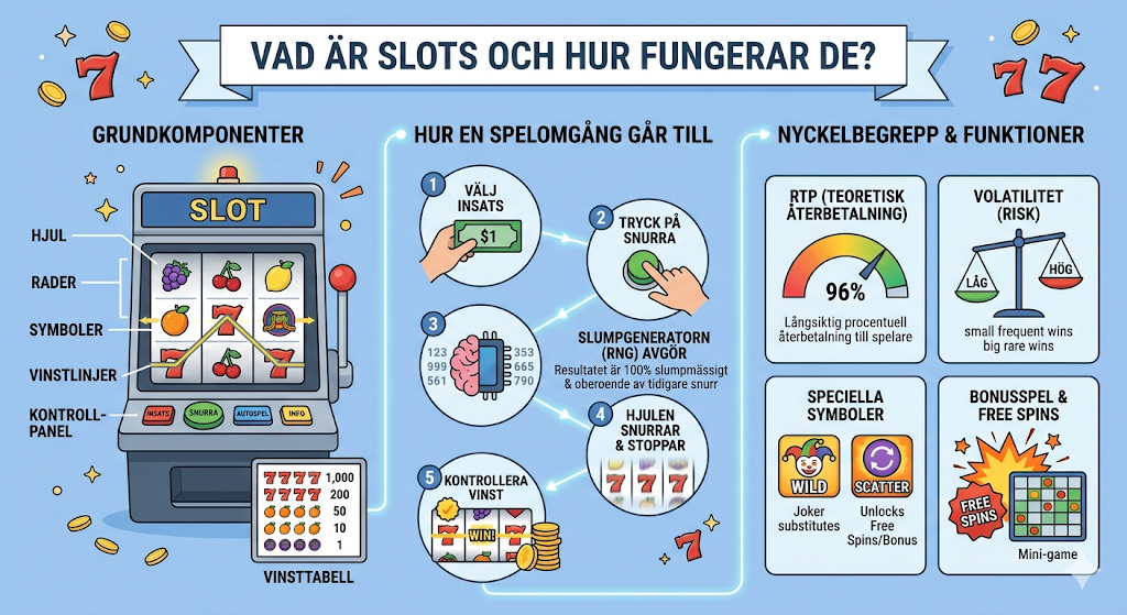 Vad är slots och hur fungerar de – spelautomater med hjul, symboler, vinstlinjer, RTP och bonusfunktioner som free spins online casino.