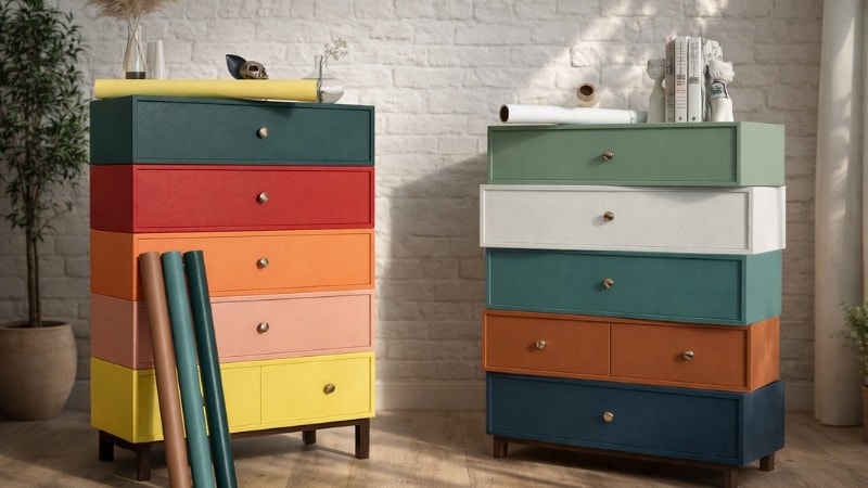 Drawers wrapped with solid color wood vinyl