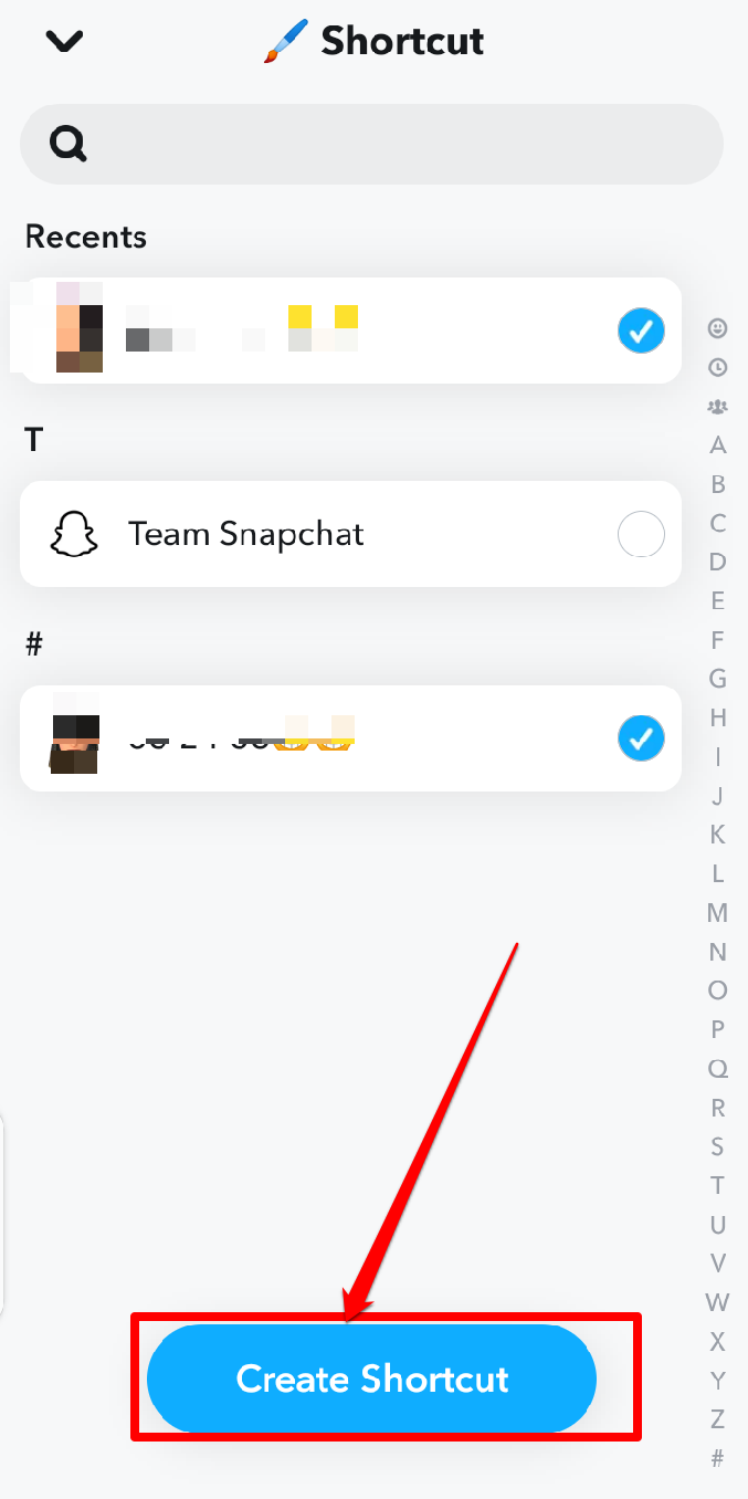 Screenshot showing the create shortcut tab on Snapchat