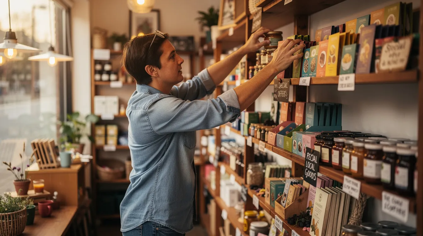 5e5e146e d359 41c5 b9f9 d815dfd7a191 A small business owner is seen carefully arranging products on shelves inside a local shop, showcasing the vibrant assortment of items available for customers. This scene highlights the dedication of small business owners in managing their inventory and enhancing the shopping experience, which is crucial for their business plan and financial success.