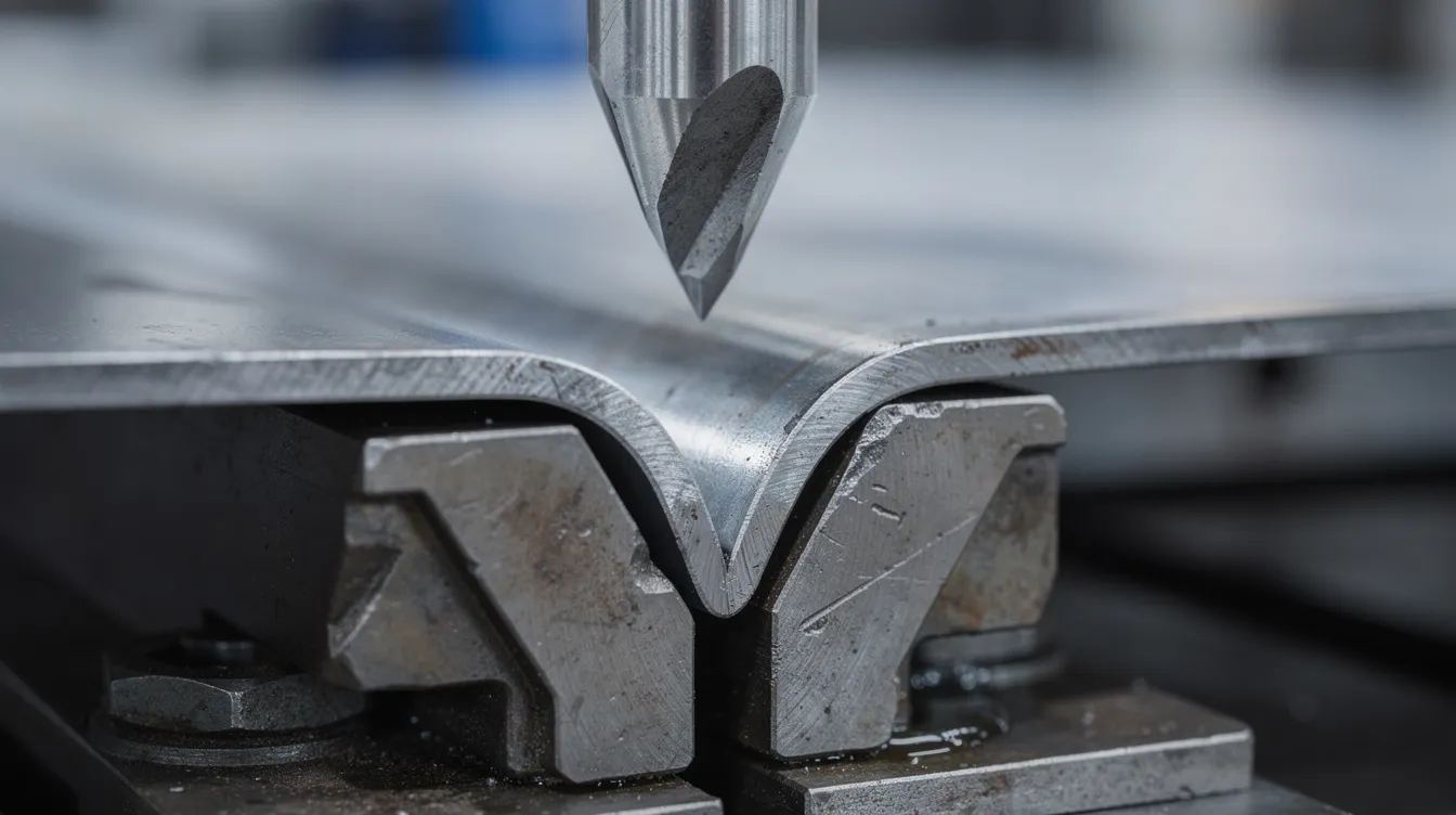 The image shows a close-up view of a V-die and punch tool set on a press brake, with a partially formed bent steel sheet positioned between them. The sheet metal displays a defined bend angle, indicating the bending process in action, while the tools are designed for achieving precise bends in various materials like mild steel and stainless steel.