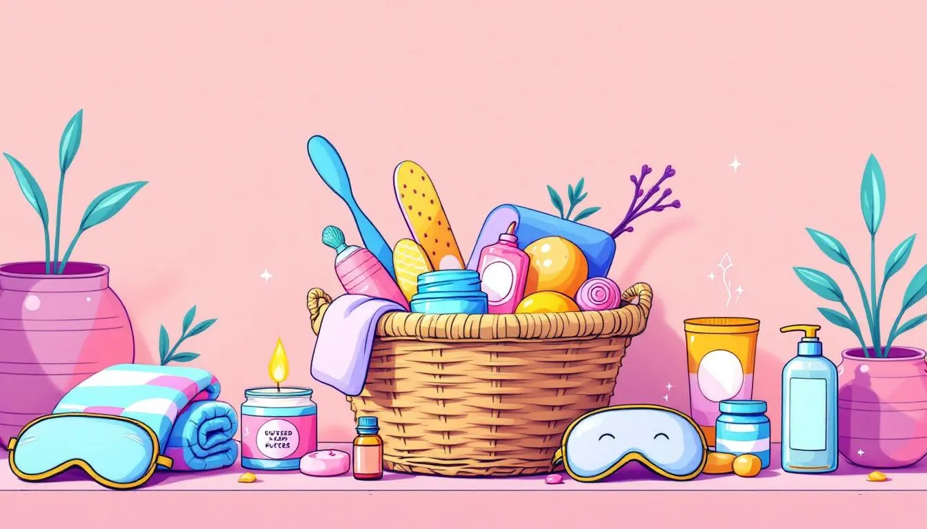 Essential items for a self care kit gift basket including pampering products.