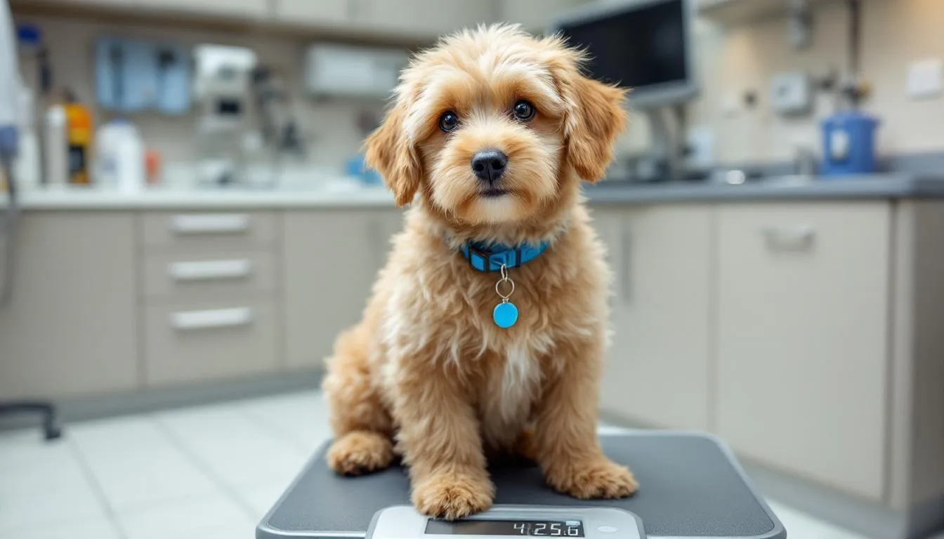 A mini Goldendoodle is being weighed at a veterinary clinic, standing on a scale while a veterinarian observes. This mixed breed, known for its compact size and friendly temperament, typically weighs between 15 to 35 pounds, depending on various factors.