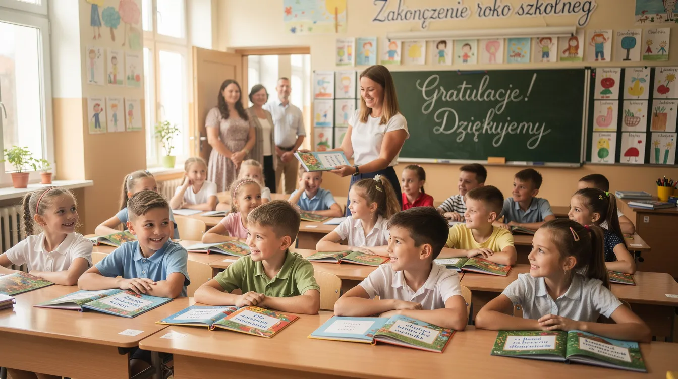 Na zdjęciu widzimy dzieci w sali szkolnej, kt&oacute;re z radością otrzymują książki na zakończenie roku szkolnego, a w nich specjalne wkładki z dedykacjami. Uroczystość ta symbolizuje koniec roku i jest okazją do wręczenia dyplom&oacute;w oraz upomink&oacute;w.