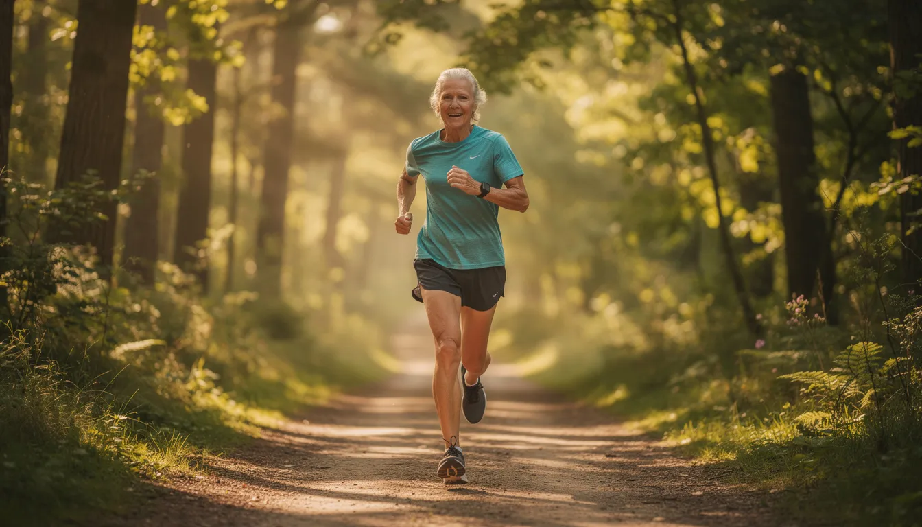 An older adult jogs energetically on a tree-lined trail, showcasing a healthy lifestyle that supports metabolic health and cellular energy production. This scene reflects the potential benefits of NMN supplementation in promoting healthy aging and enhancing energy levels.