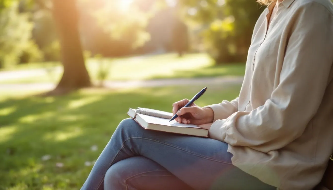 A person is sitting peacefully in natural sunlight, writing in a journal, which serves as a powerful tool for self-reflection and mental health check-ins. This moment of solitude promotes mental wellness and supports overall well-being as they engage in healthy habits and manage their emotions.