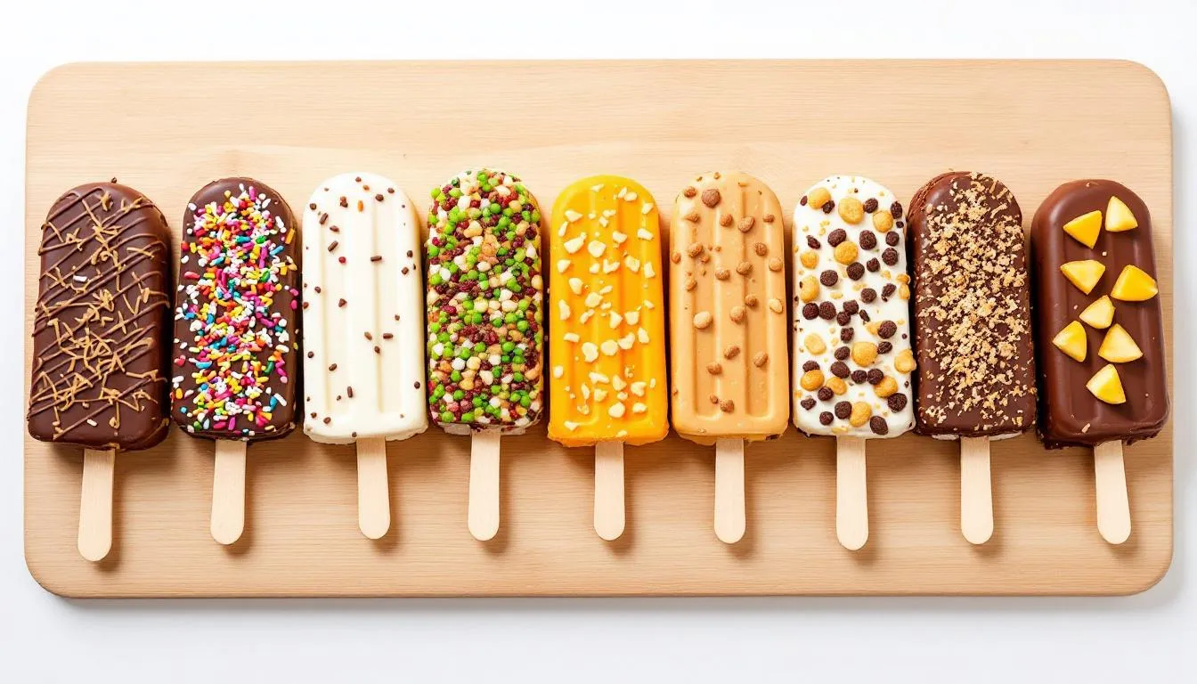 A wooden cutting board displays a variety of ice cream bars, including low calorie options with chocolate coating and fruit flavors like strawberry and mango. These delicious frozen treats offer a creamy texture and are perfect for a sweet snack without the added sugar.