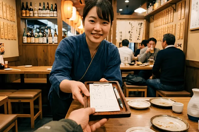 A point-of-view perspective of a friendly female server in a blue uniform leaning over a wooden table to hand a customer their handwritten bill on a wooden clipboard.
