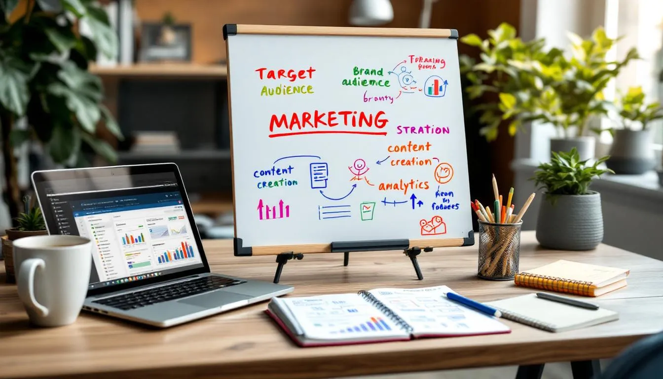 The image illustrates a step-by-step guide on creating an effective marketing campaign strategy, highlighting key elements such as target audience, brand identity, and social media engagement. It features examples of successful marketing campaigns, emphasizing the importance of market research and emotional connection to achieve lasting brand recognition.