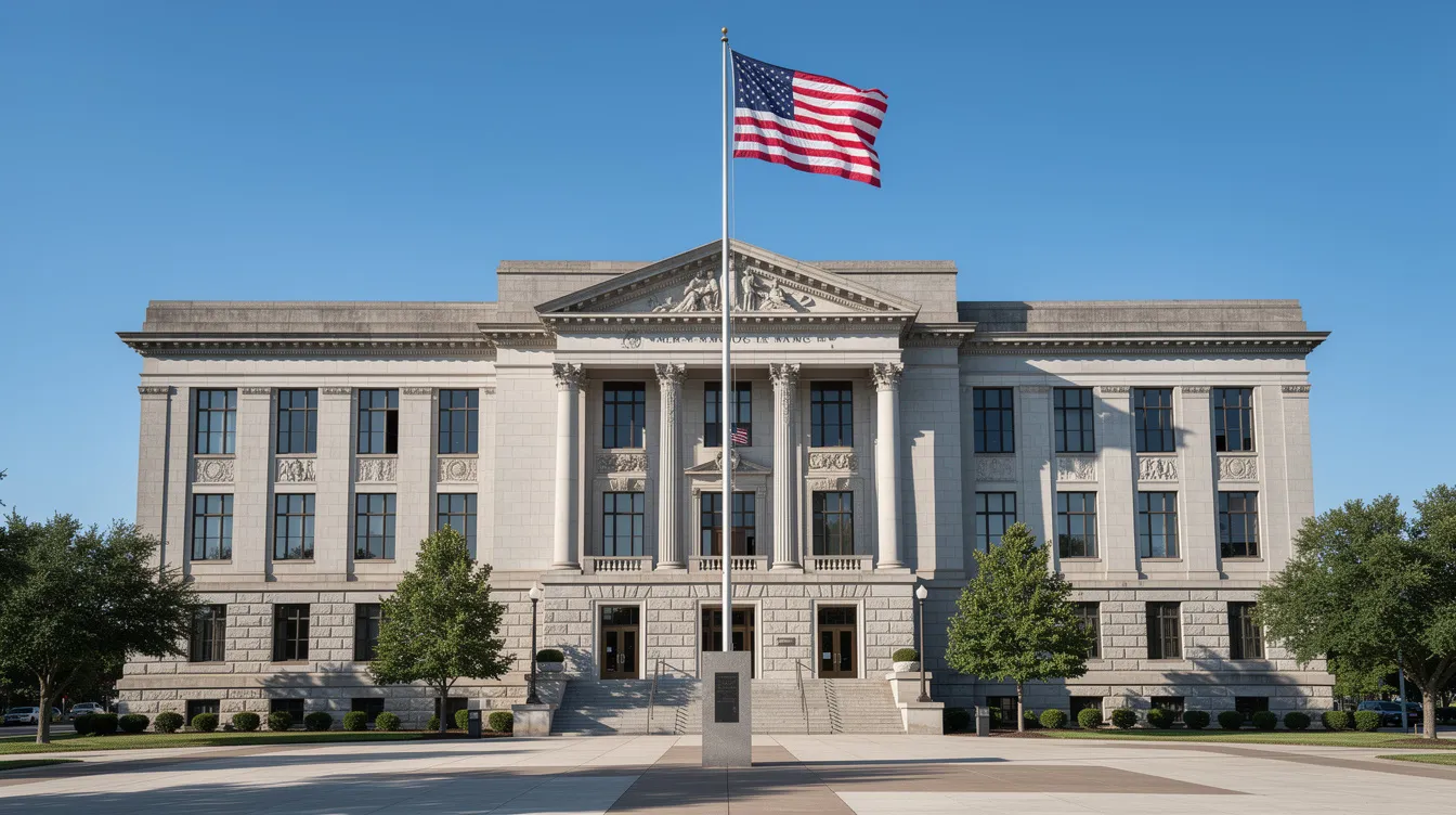 The image depicts the exterior of a stone courthouse building adorned with an American flag waving in the breeze, symbolizing law enforcement and the judicial system. This publicly owned building stands as a representation of state law enforcement and the legal framework in South Carolina.