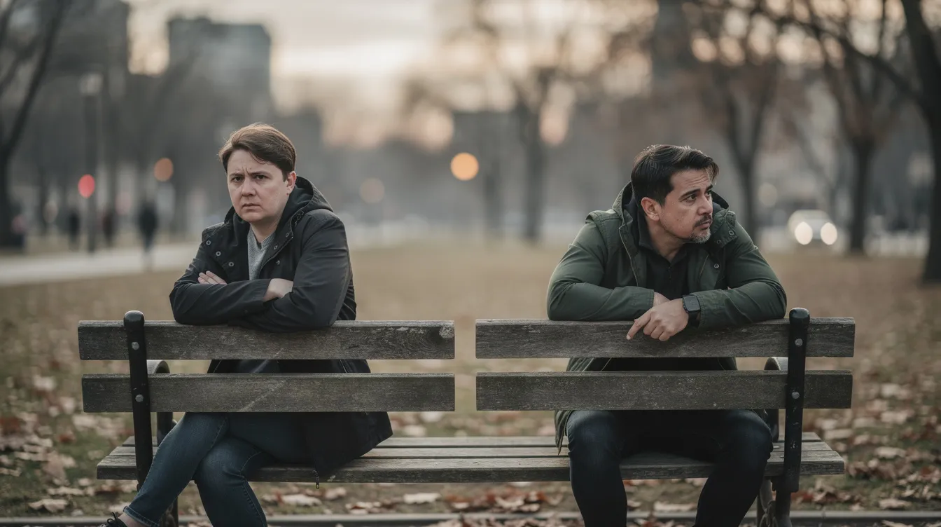 The image depicts two people sitting apart on a bench, illustrating emotional distance and a lack of connection, which may suggest signs of a dismissive avoidant attachment style. Their body language reflects a reluctance to engage emotionally, highlighting the challenges that can arise in romantic relationships influenced by avoidant attachment patterns.