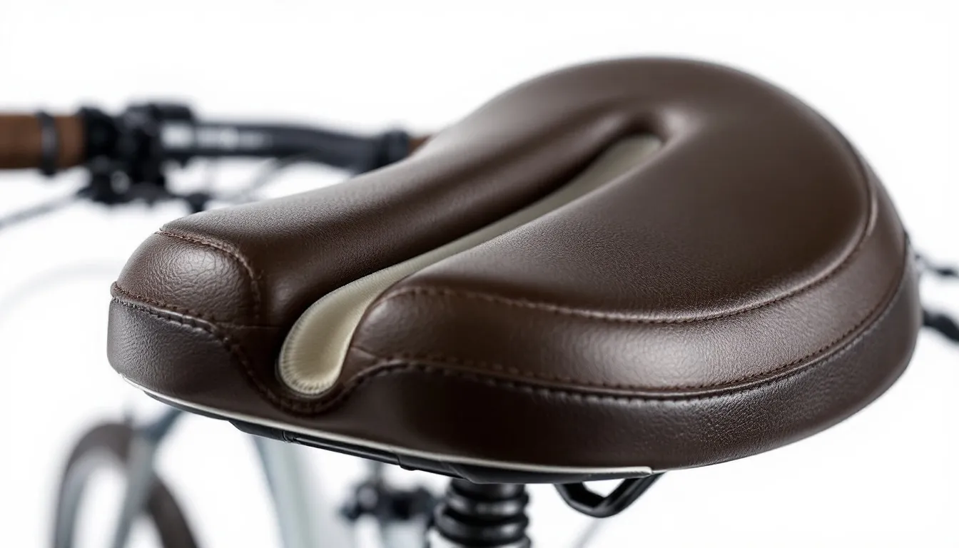 Dettaglio ravvicinato di una sella da donna progettata per biciclette, caratterizzata da un canale centrale che migliora il comfort durante la pedalata. L'imbottitura specifica è pensata per soddisfare le esigenze delle cicliste, garantendo un'esperienza di guida ottimale.