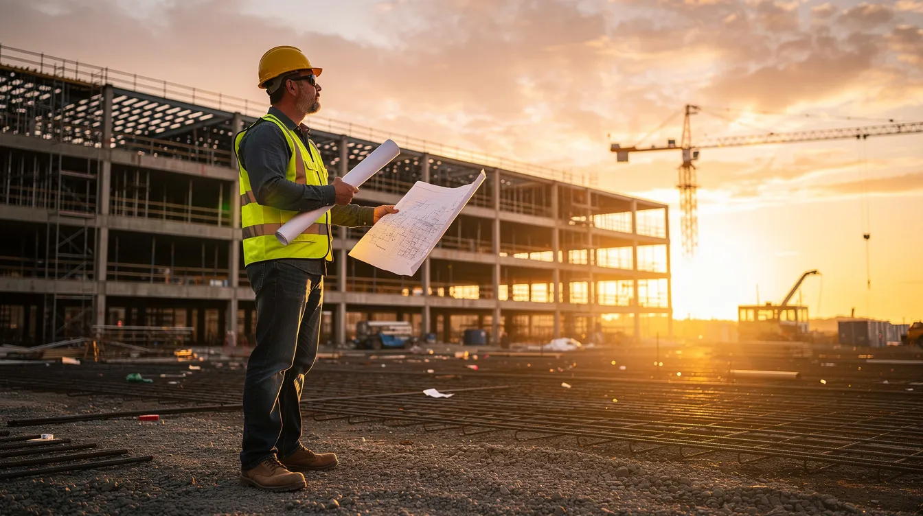 A contractor stands at a construction site at sunrise, holding blueprints as he surveys the progress of a commercial building project. The scene captures the anticipation of new beginnings and the meticulous planning involved in construction contracts.