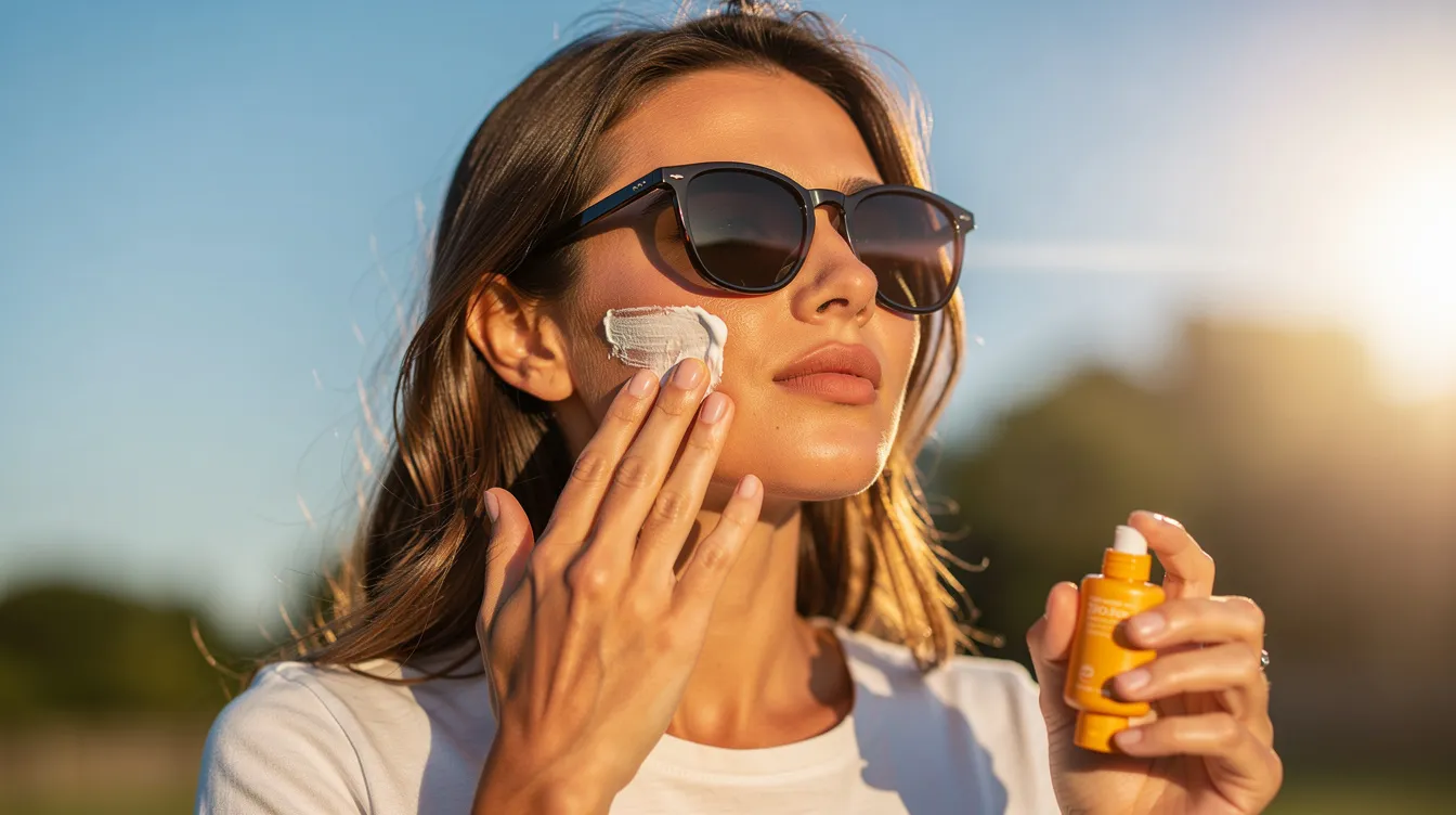 A person is outdoors applying sunscreen while wearing stylish sunglasses, ensuring their skin is protected from sun exposure. This action is part of a gentle skincare routine that promotes healthy skin and can help maintain skin elasticity and quality, especially in areas prone to sagging.