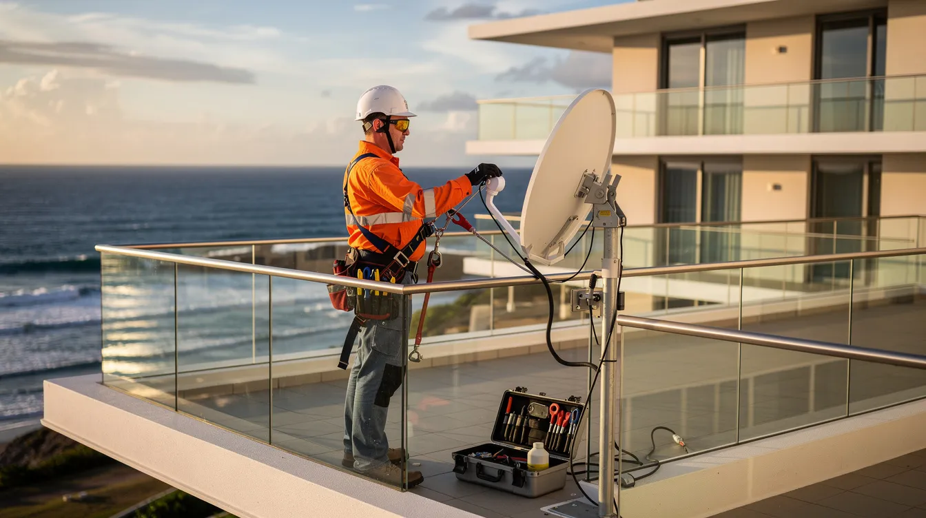 A technician in safety gear is carefully working on the installation of a satellite dish on the roof of a multi-level coastal building in Bantry Bay. This professional DSTV installer is ensuring the dish is aligned for optimal signal reception, providing expert DSTV installation services for uninterrupted viewing.