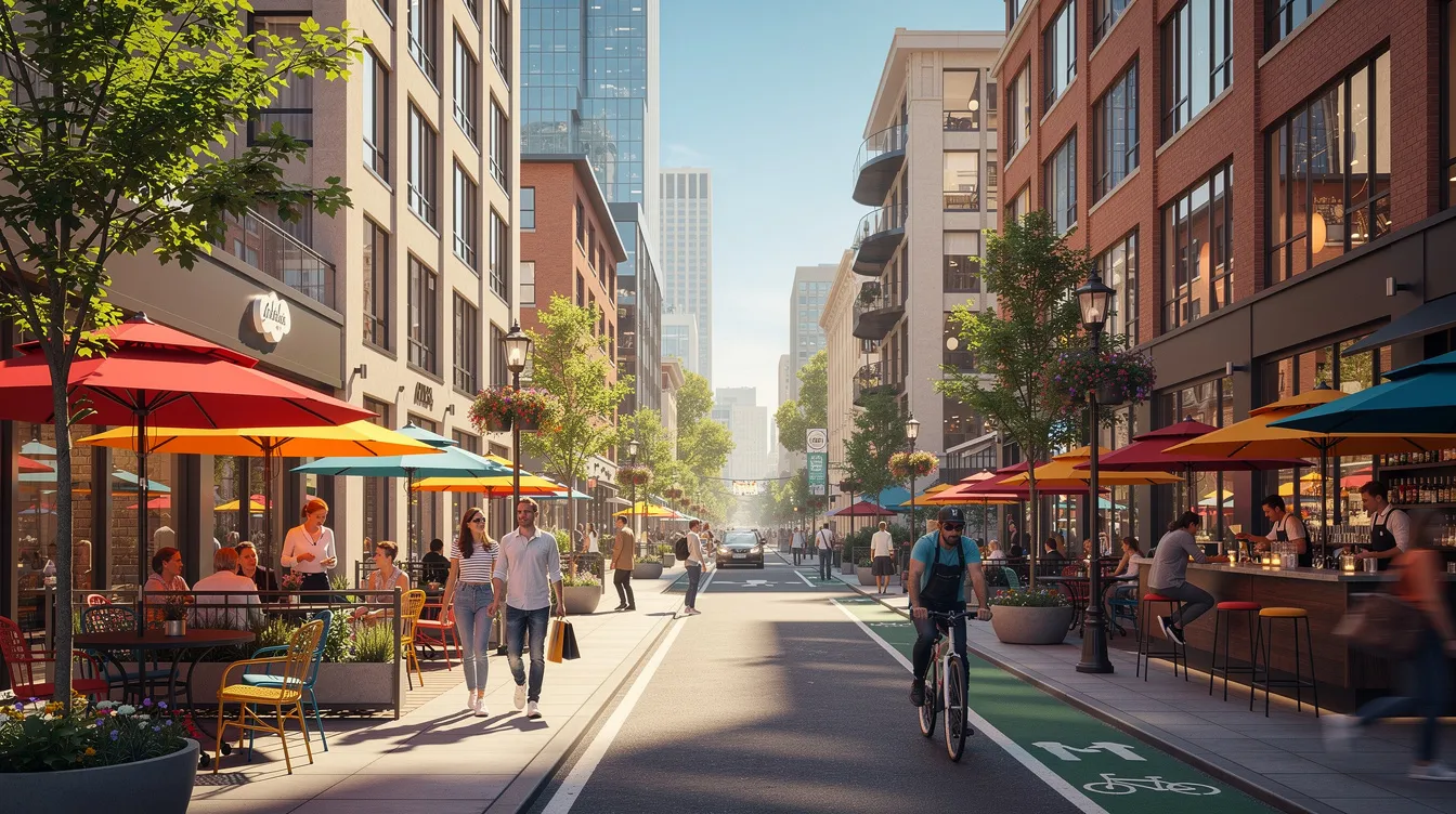 The image depicts a vibrant urban street scene in Liberty Village, featuring outdoor café patios bustling with pedestrians enjoying their time. The backdrop includes buildings with exposed brick walls and steel ceiling beams, characteristic of the area's historical roots and its transformation into a lively community.