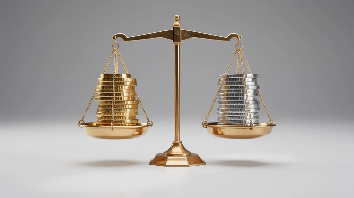 The image features a balanced scale, with gold coins on one side and silver coins on the other, symbolizing the market value of these precious metals. The neutral background emphasizes the coins, which represent the historical data and live prices that influence buyers and traders in the market.