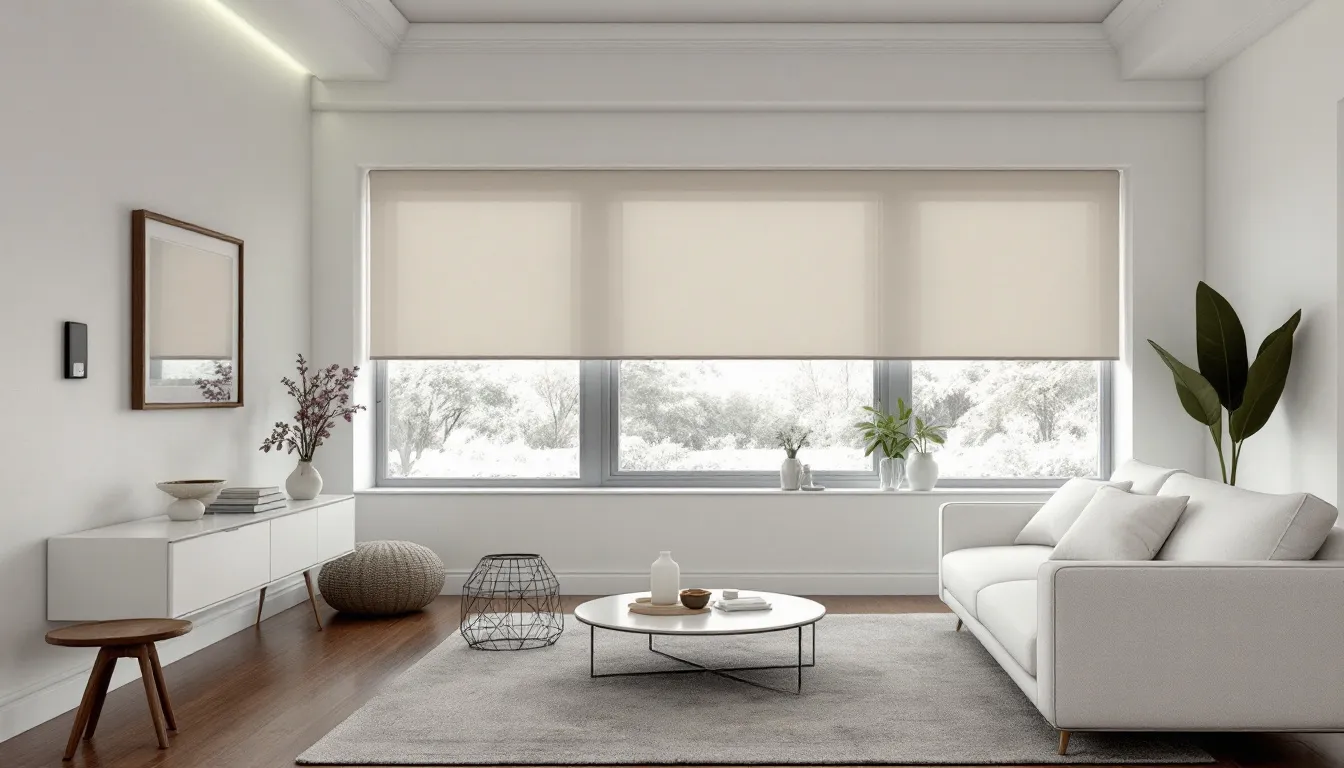 A modern living room featuring motorized electric shades.