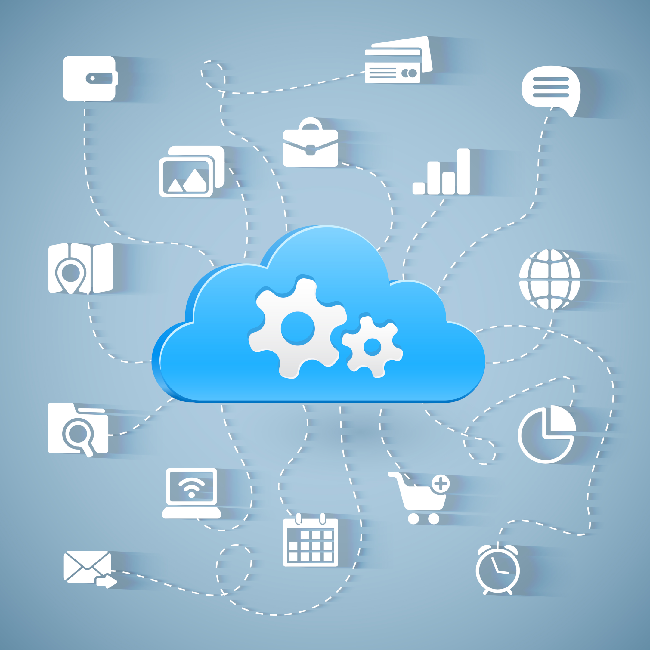 The image represents multiple icons interconnected as a cloud infrastructure system
