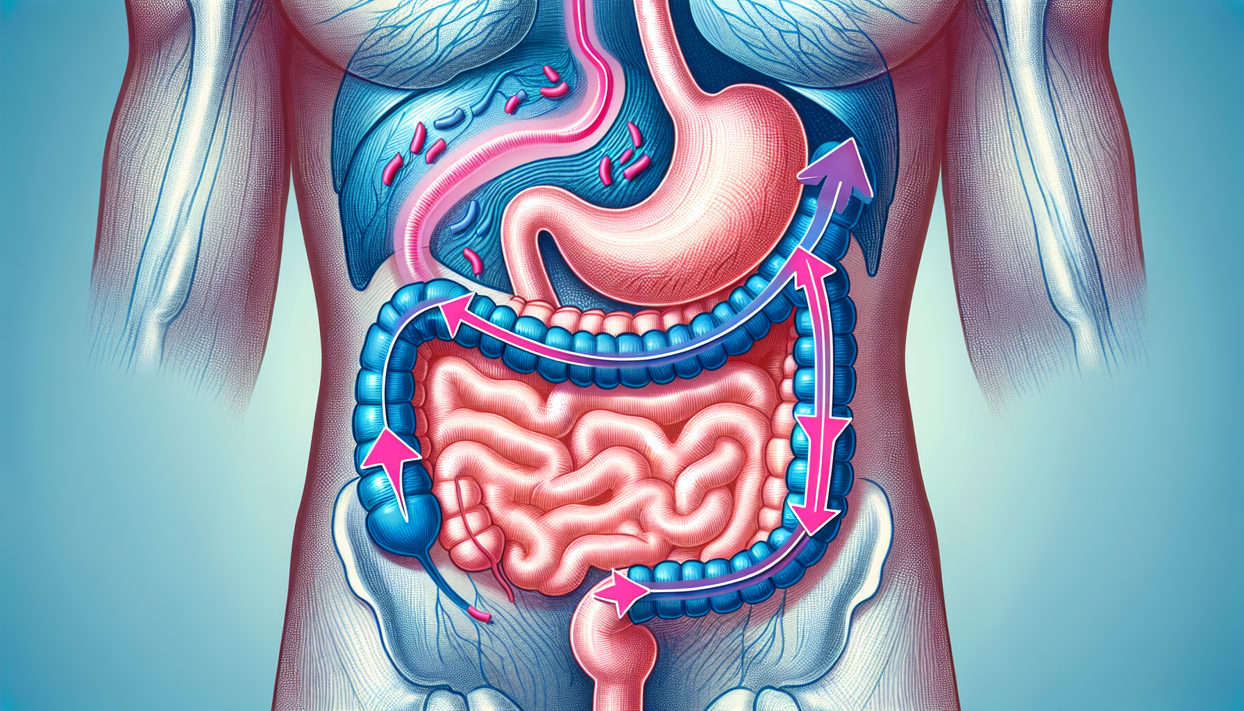 Human digestive system with arrows pointing to absorption points