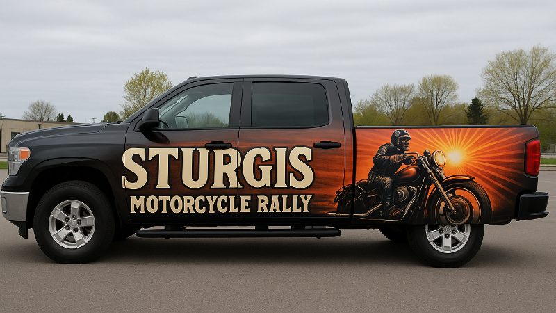 An motorcycle rally event is market on a truck through customized vinyl wrapping