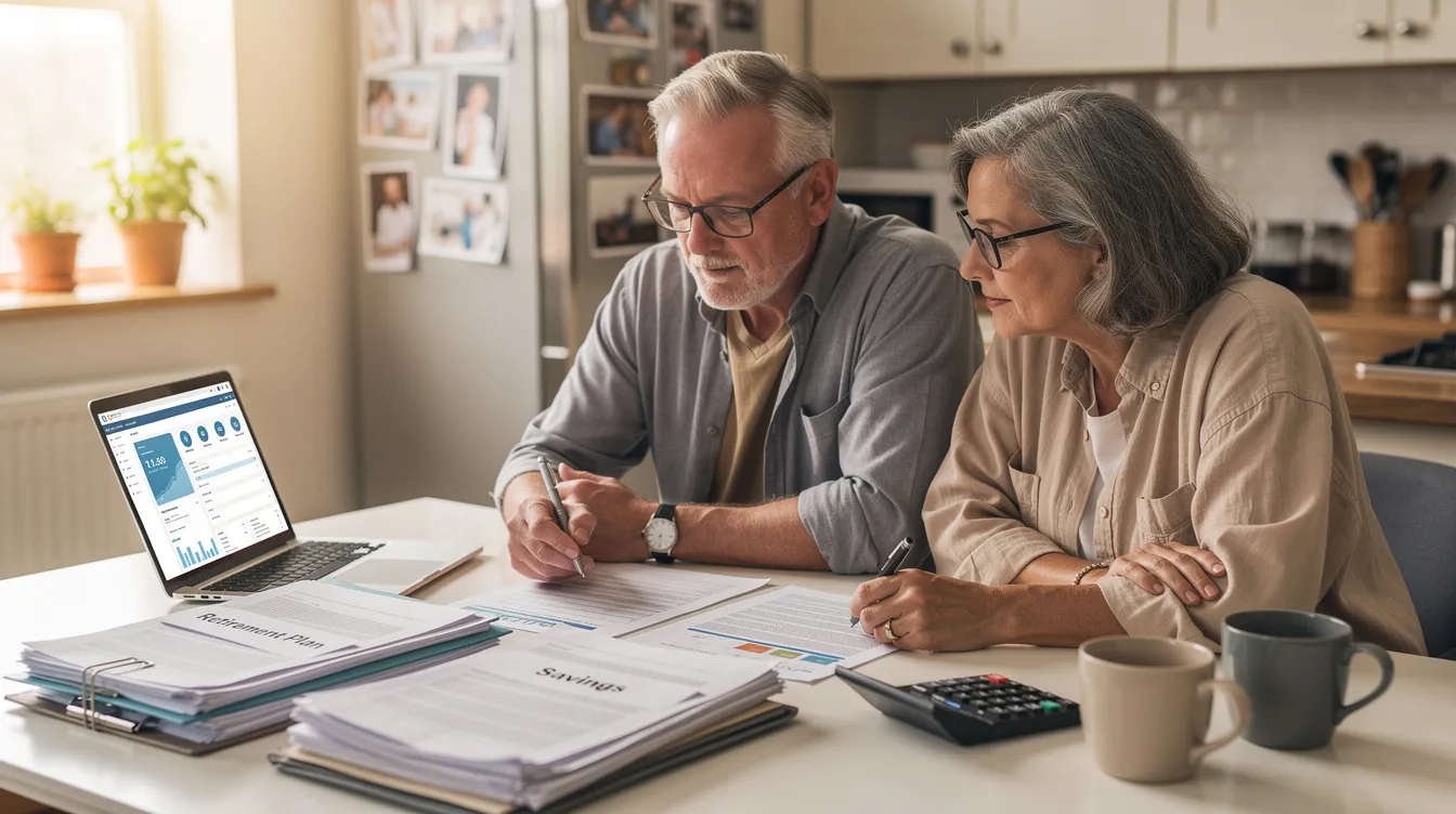 A couple sits at a kitchen table, reviewing their retirement papers, including details about their pension plan and 401k options. They discuss investment decisions and the importance of employer contributions to ensure financial security in their retirement strategy.