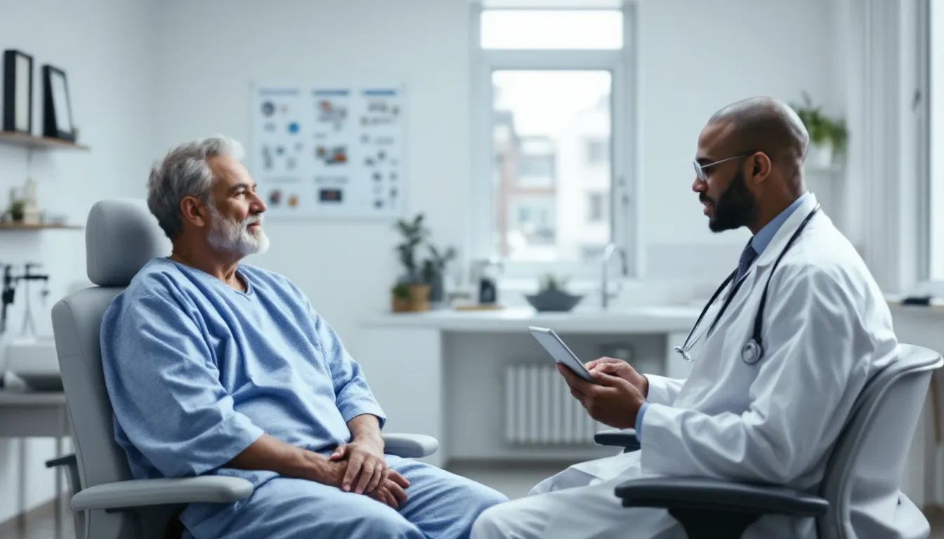 In the image, a doctor is seated across from a male patient in a medical office, discussing the patient's concerns about enlarged male breast tissue, possibly related to gynecomastia. The patient appears attentive, as they talk about treatment options such as male breast reduction surgery to remove excess breast tissue and address self-esteem issues.