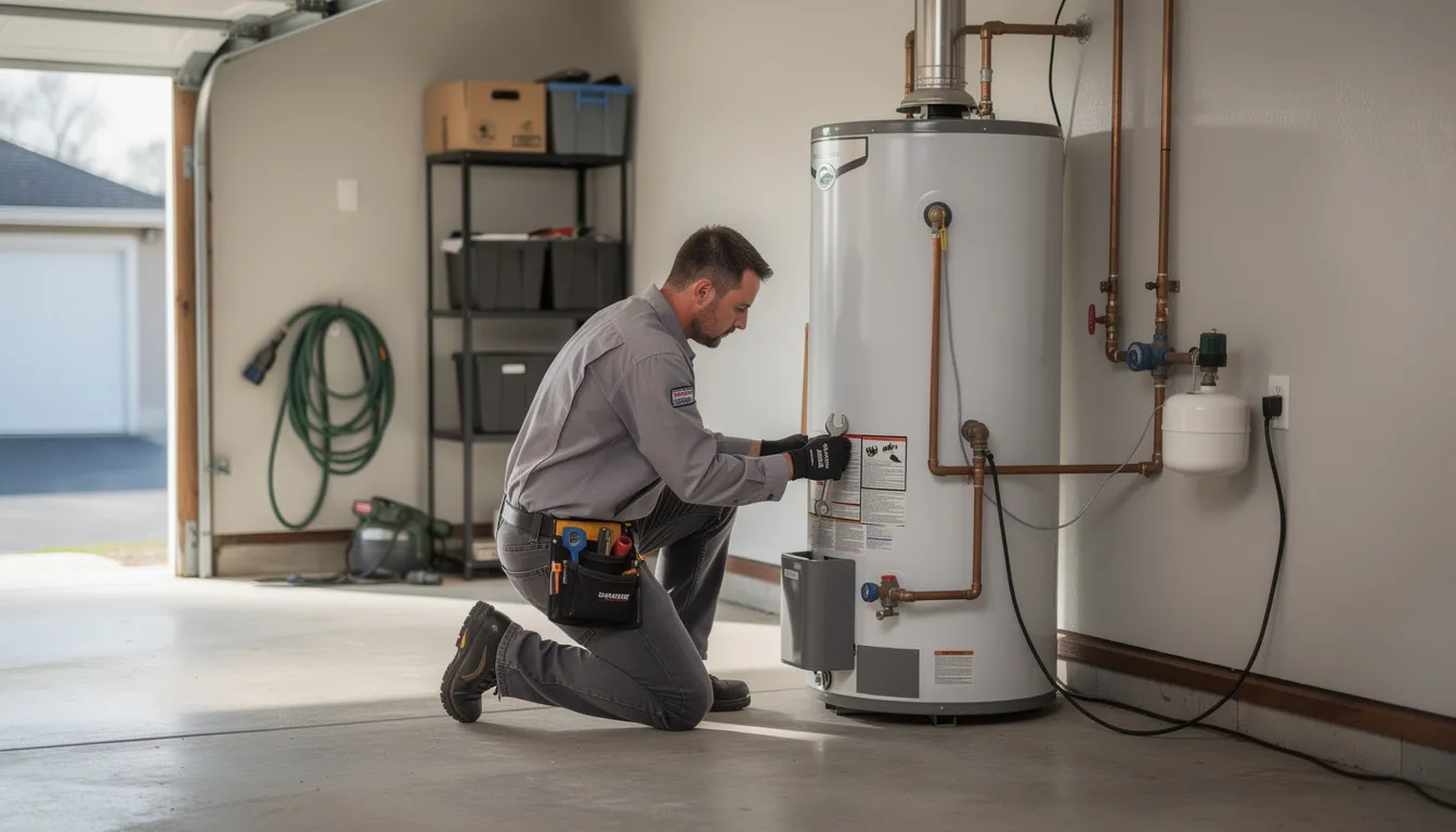 A professional plumber is servicing a water heater in a residential garage, surrounded by various plumbing tools and equipment. The technician is focused on ensuring the water heater is functioning properly, highlighting the importance of reliable plumbing services in Mesa, Arizona.
