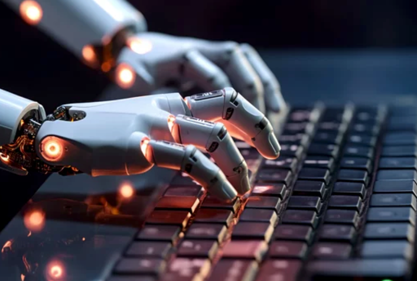 Nahaufnahme von Roboter-Händen an einer Tastatur
