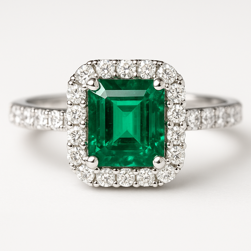 Sužadėtuvių žiedas su smaragdu ir deimantais – elegantiškas žalias brangakmenis