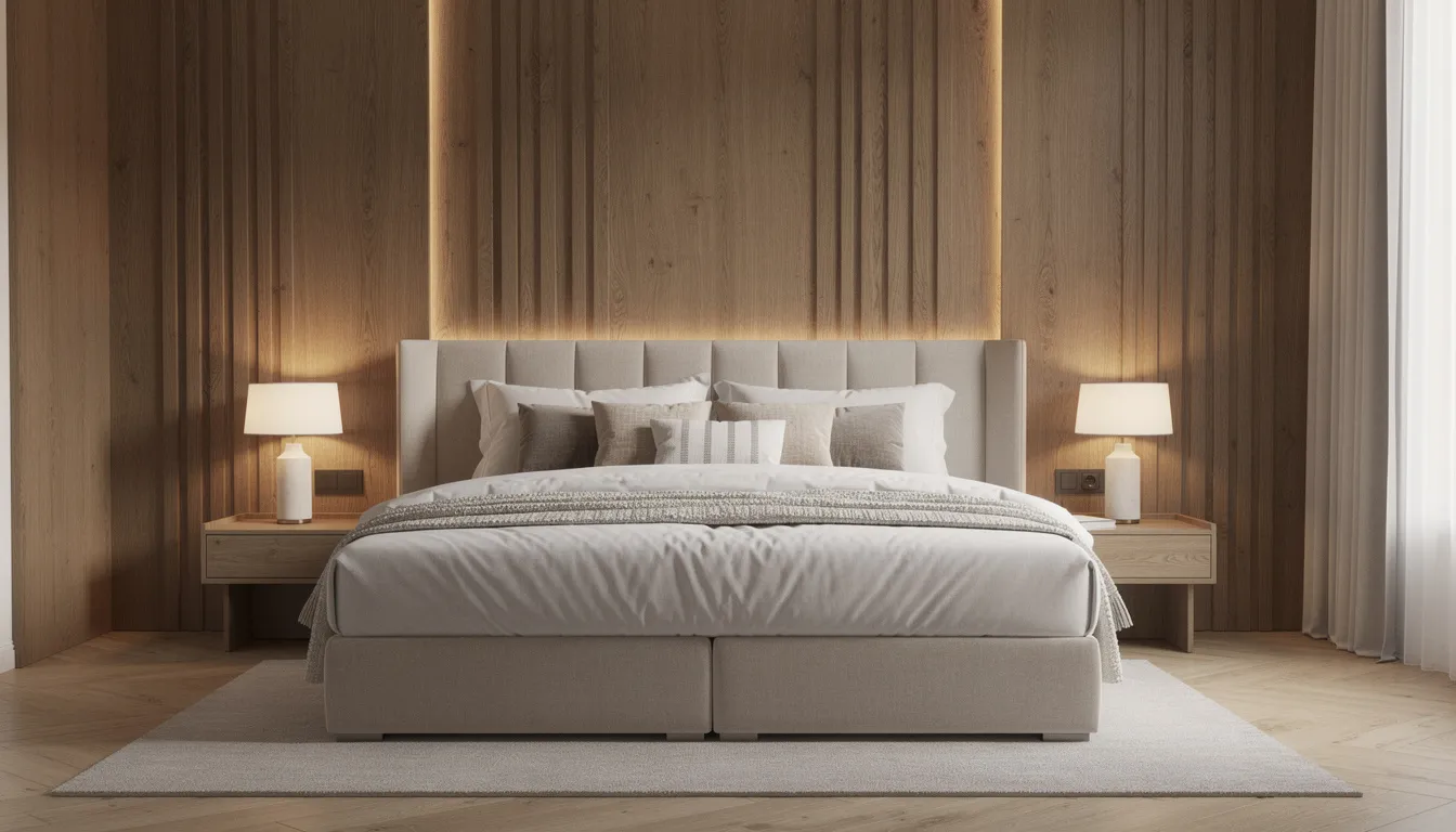 Een sfeervolle slaapkamer met verticale houten wandpanelen in een warme eikenkleur, geplaatst achter een luxe boxspring en vergezeld van stijlvolle nachtkastjes. De houten wandbekleding voegt een natuurlijke uitstraling toe aan de ruimte, wat bijdraagt aan een gezellige sfeer.
