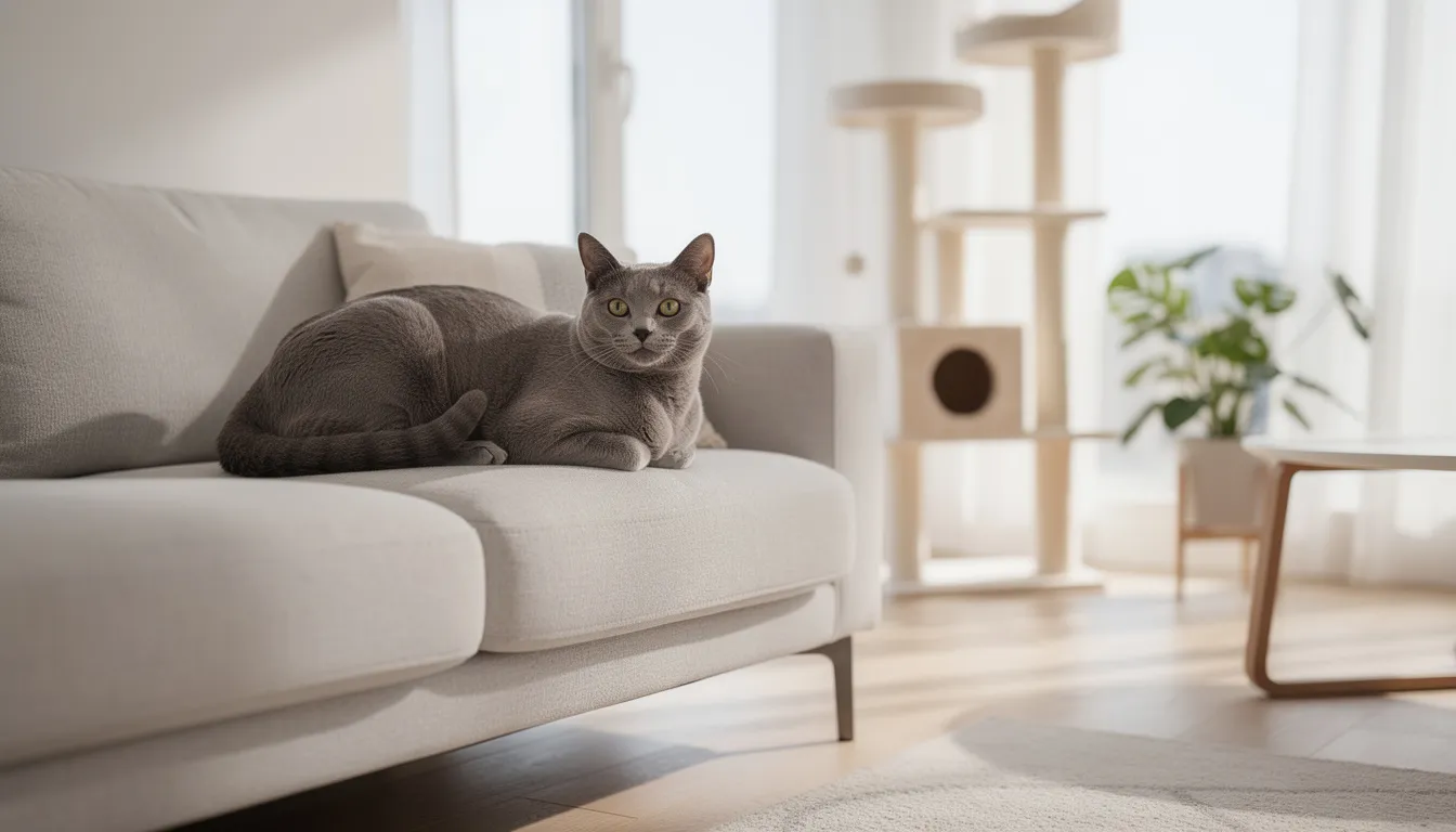 A happy and healthy indoor cat is lounging comfortably in a modern, clean living room, with a cat tree visible in the background. The scene conveys a sense of relaxation and contentment, highlighting the joy of a feline friend in a cozy environment.