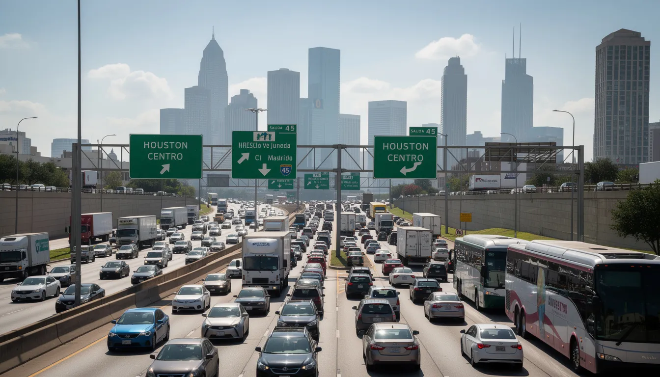 The image depicts heavy traffic on a busy highway in Houston, featuring several buses and vehicles. This scene highlights the potential for accidents involving public transport, emphasizing the importance of having a qualified abogado de accidentes de autobús en Houston to protect the rights of those injured in such incidents.