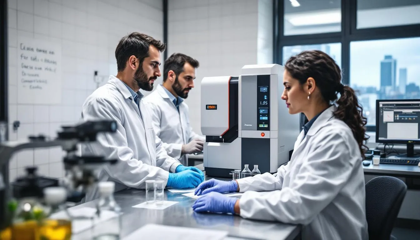 In a scientific laboratory, Italian researchers are examining cannabis compounds using advanced spectrometry equipment, focusing on naturally occurring cannabinoids from cannabis plants. The environment highlights the importance of cannabis research, particularly regarding the psychoactive effects of compounds like delta 9 THC and THCP, and their potential health benefits.