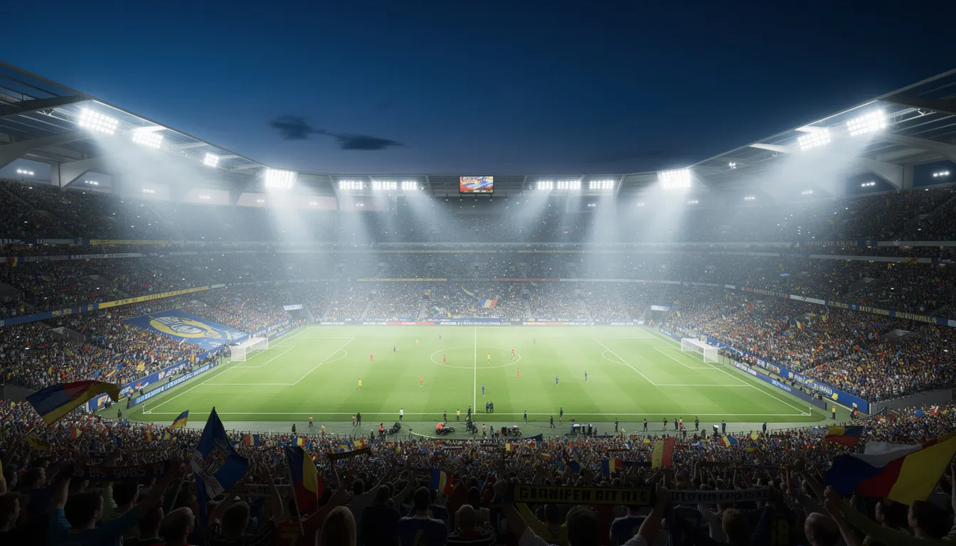 En modern fotbollsstadion är upplyst på kvällen, med en stor publik som hejar på sina lag från läktarna. Atmosfären är elektrisk och sportentusiaster samlas för att njuta av matchen, likt hur spelare på flax casino samlas för att spela sina favoritspel online.