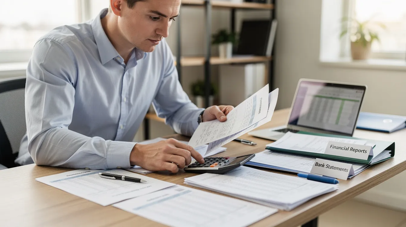 5e8be28b e474 4bdb 8911 07fbe24d8072 A small business owner is seated at a desk, meticulously reviewing financial documents alongside a calculator and various bank papers, reflecting the essential processes involved in managing cash flow and preparing for potential business loans under the Mudra scheme. The image conveys the diligence required by entrepreneurs to meet eligibility criteria and ensure proper documentation for funding their micro enterprises.