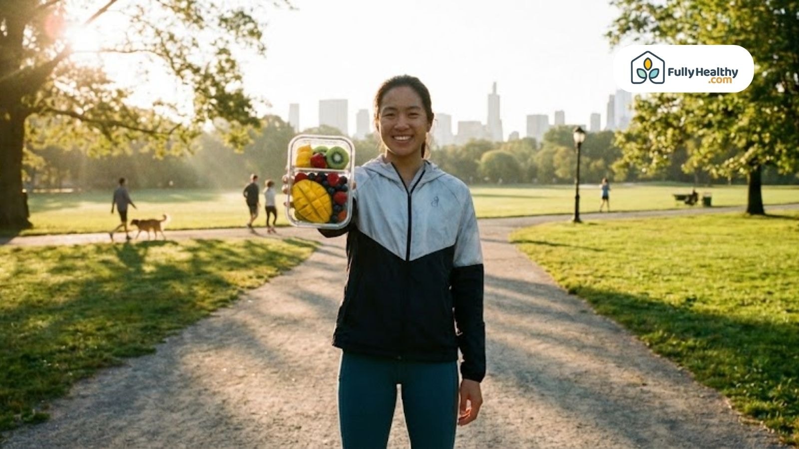 Woman holding fruit container with mango in park during morning walk
