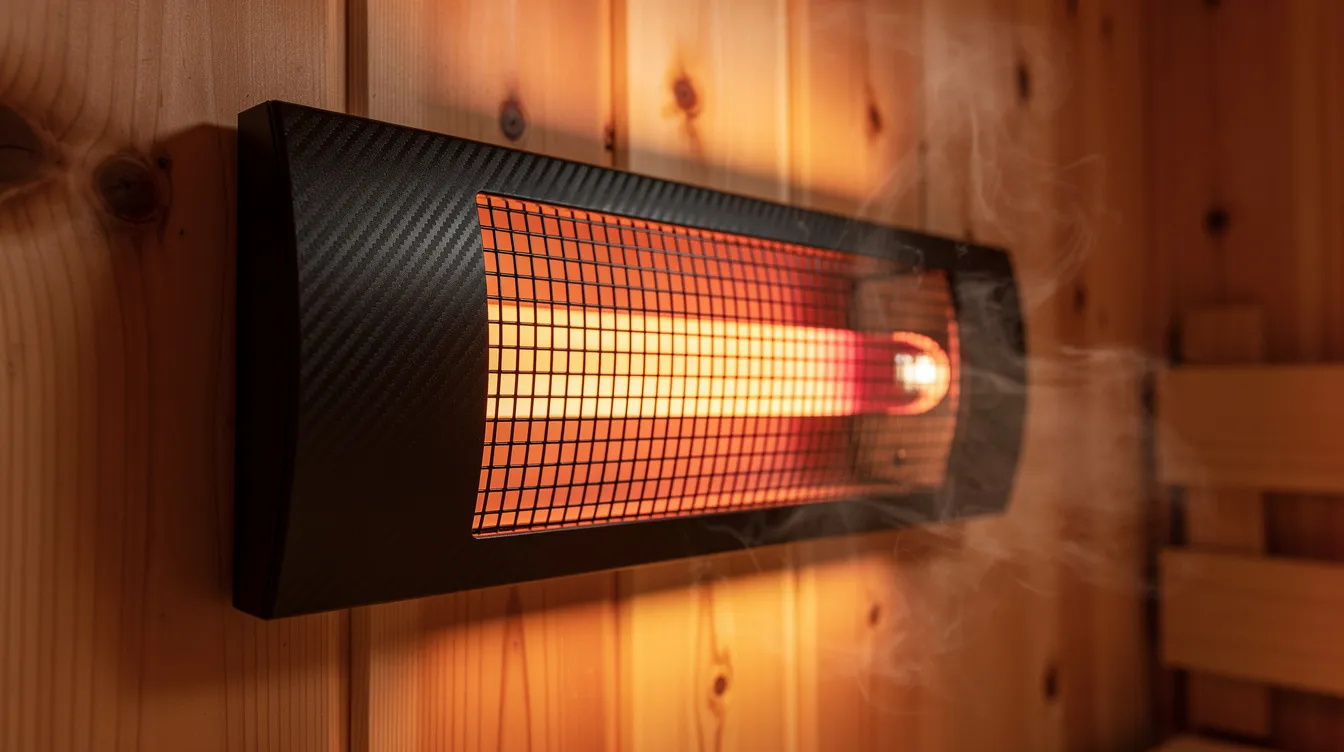 The image shows a close-up view of carbon panel infrared heaters installed inside a cedar sauna cabin, highlighting the modern infrared heating elements designed for effective infrared sauna therapy. These panels emit both near and far infrared light, providing heat that penetrates deeply for benefits such as pain relief and improved skin health.