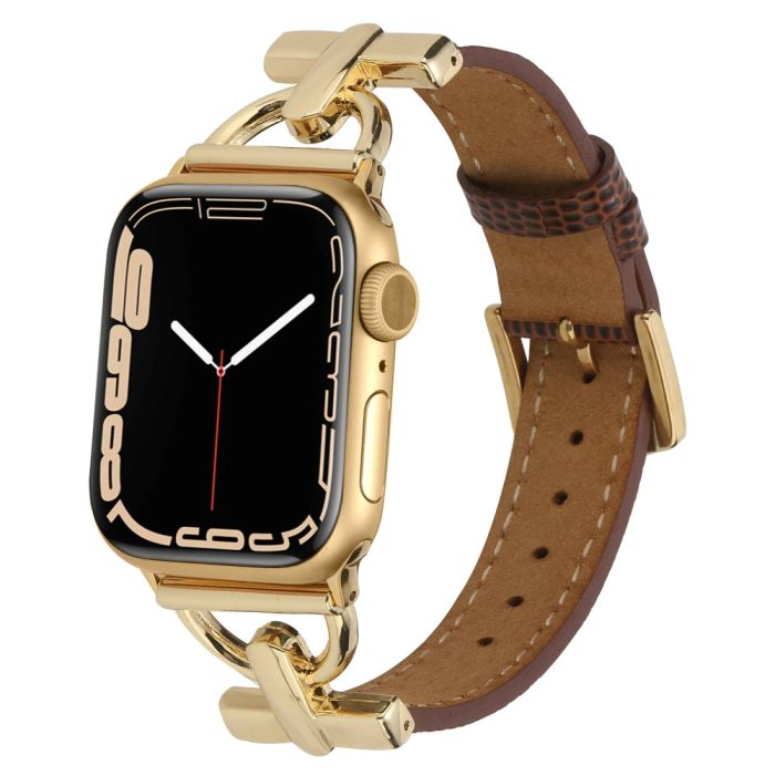 Ylellinen ruskea nahkaranneke kultaisilla yksityiskohdilla Apple Watchille