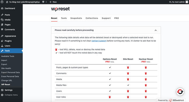How to Delete a WordPress Site and Start Over - screenshot of wp reset